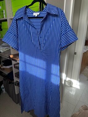 Pomander Place Blue and White Striped Midi Dress